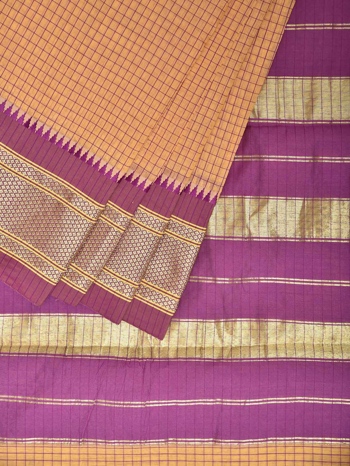 Light Yellow and Purple Bamboo Cotton Saree with Checks Design No Blouse bc0810