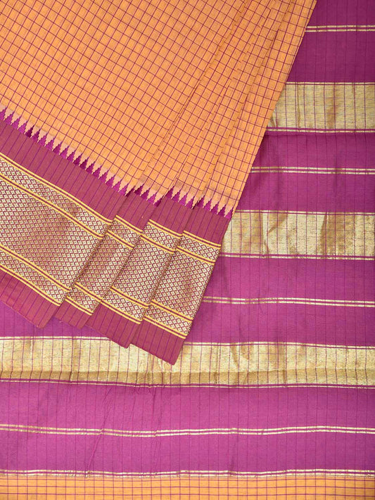 Light Yellow and Purple Bamboo Cotton Saree with Checks Design No Blouse bc0810