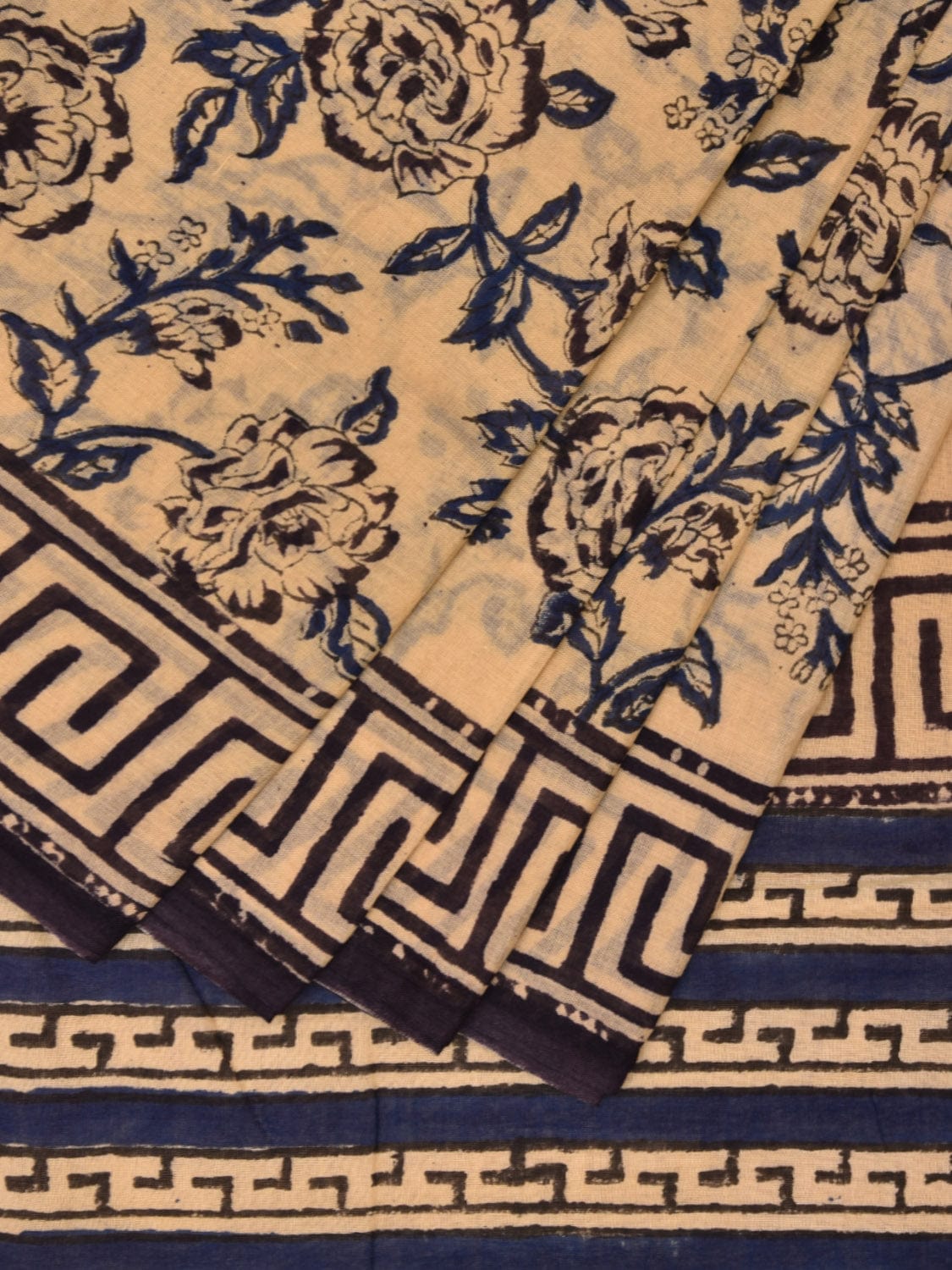 Light Yellow Block Print Cotton Saree with Floral Body and Border Design o0537