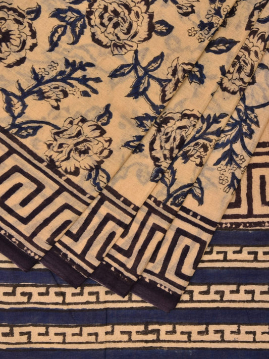 Light Yellow Block Print Cotton Saree with Floral Body and Border Design o0537