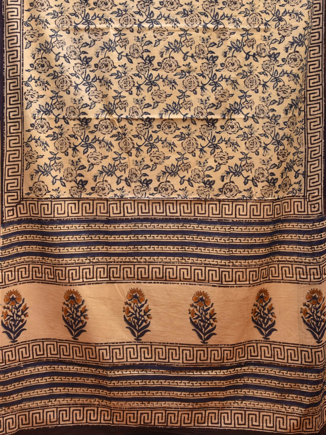 Light Yellow Block Print Cotton Saree with Floral Body and Border Design o0537