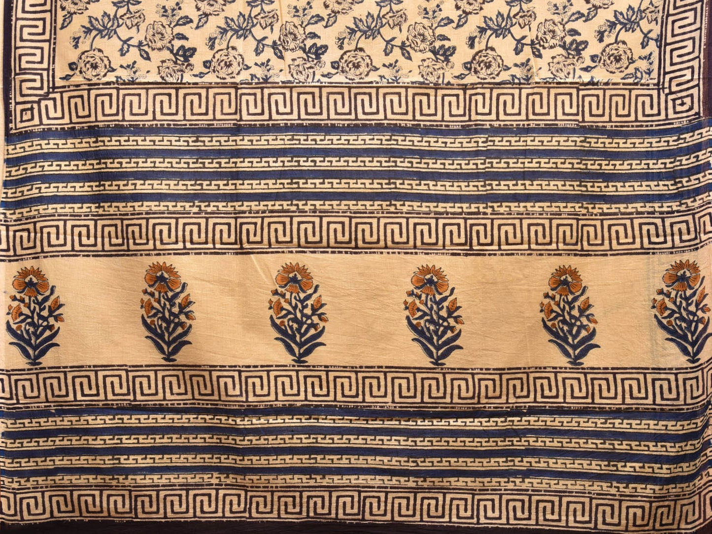 Light Yellow Block Print Cotton Saree with Floral Body and Border Design o0537