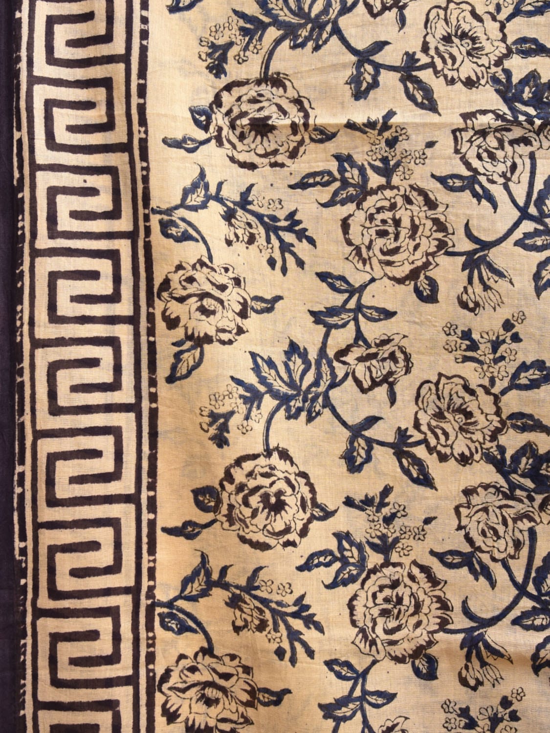 Light Yellow Block Print Cotton Saree with Floral Body and Border Design o0537