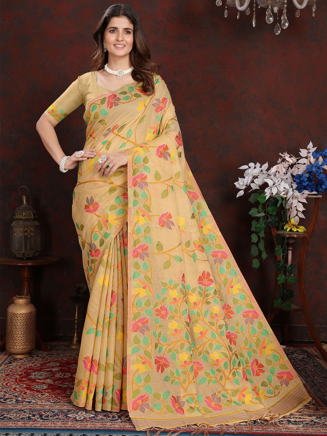 Light Yellow Dhakai Jamdani Cotton Viscose Saree with Floral Border and Pallu Design dj0101