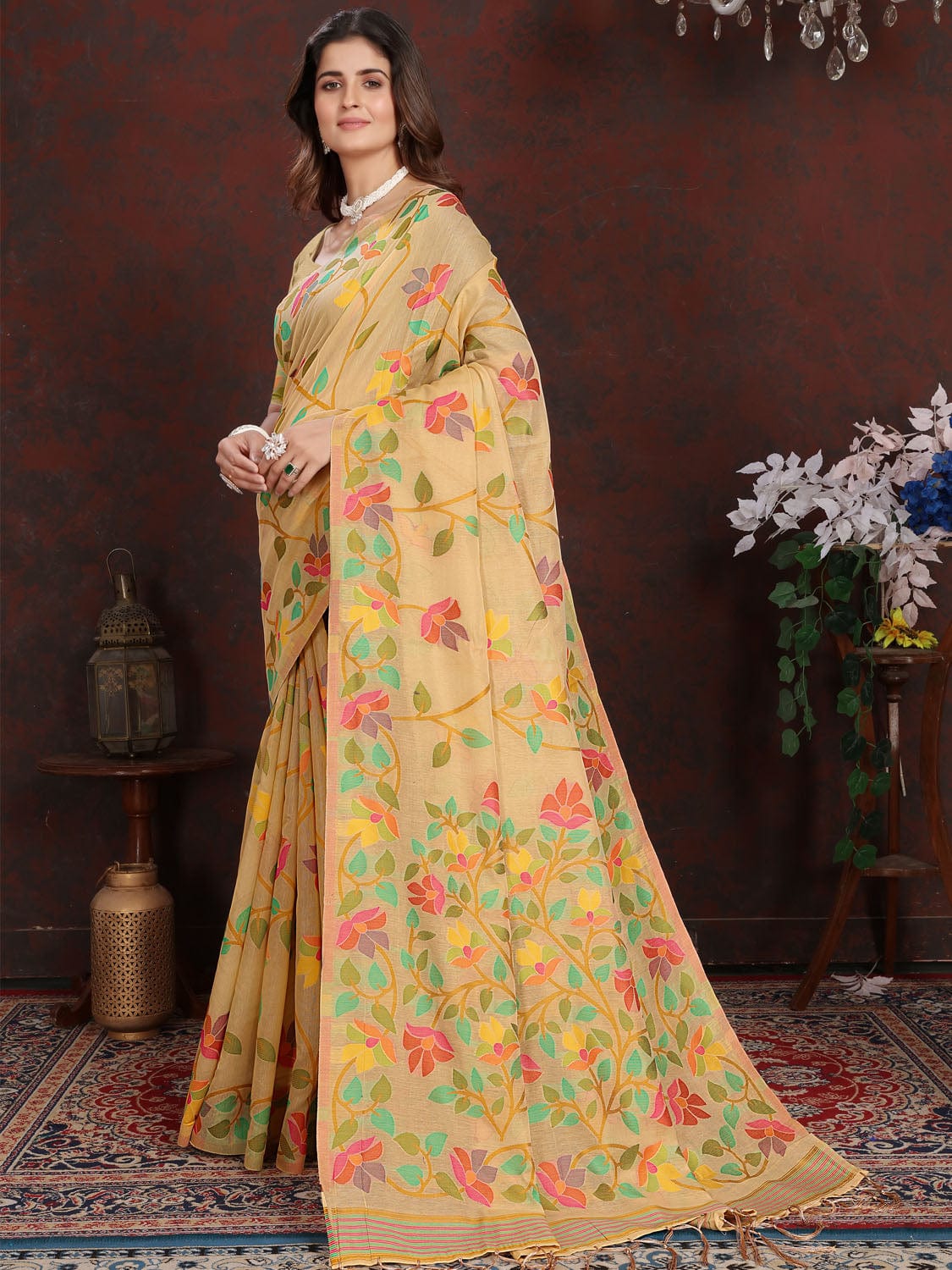 Light Yellow Dhakai Jamdani Cotton Viscose Saree with Floral Border and Pallu Design dj0101