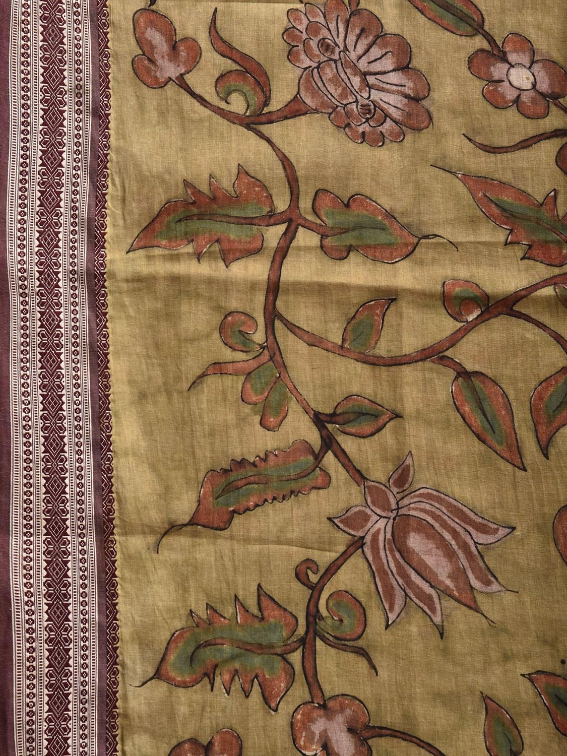 Light Yellow Kalamkari Hand Painted Cotton Saree with Floral and Peacocks Design KL0809