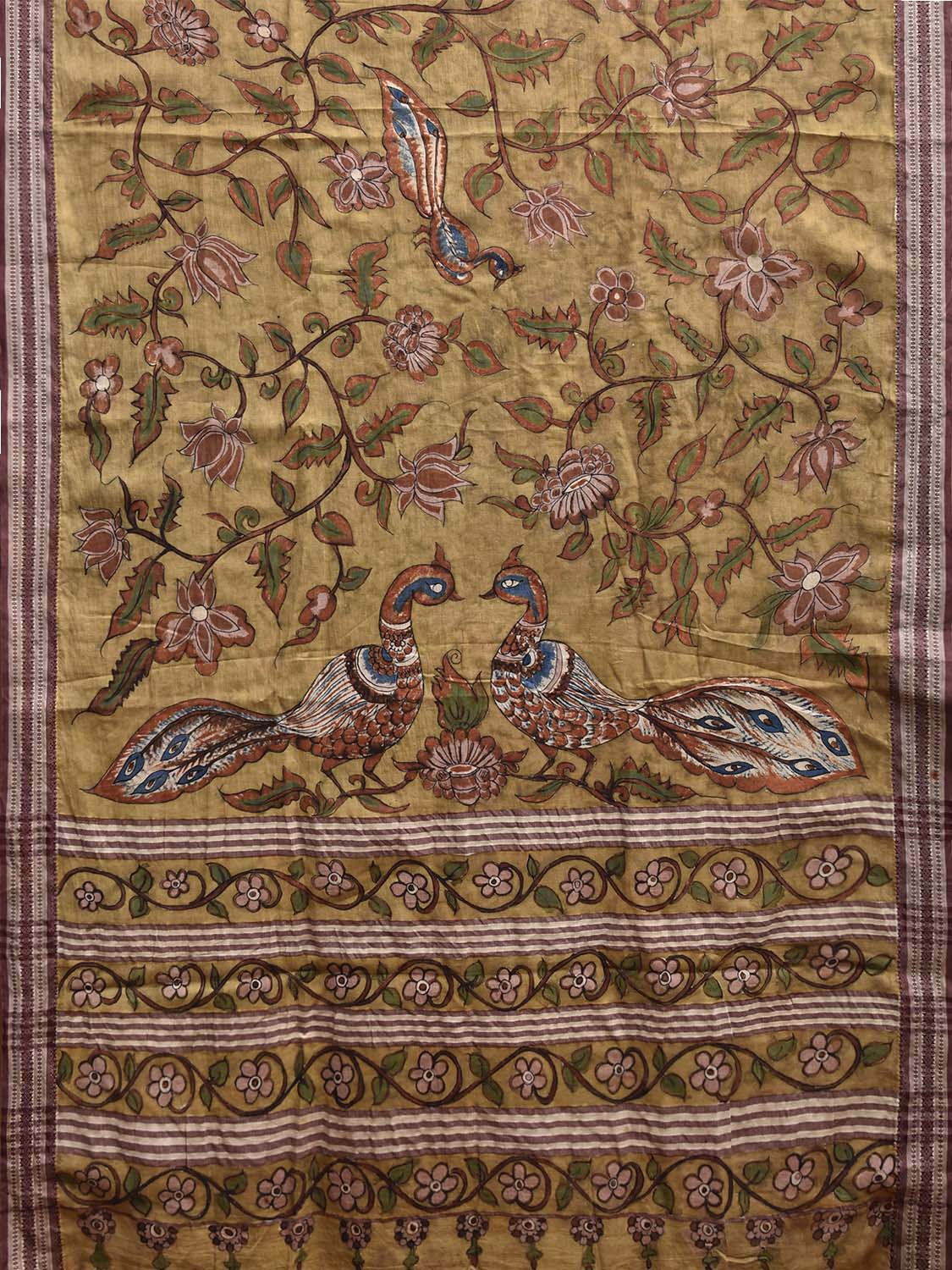 Light Yellow Kalamkari Hand Painted Cotton Saree with Floral and Peacocks Design KL0809
