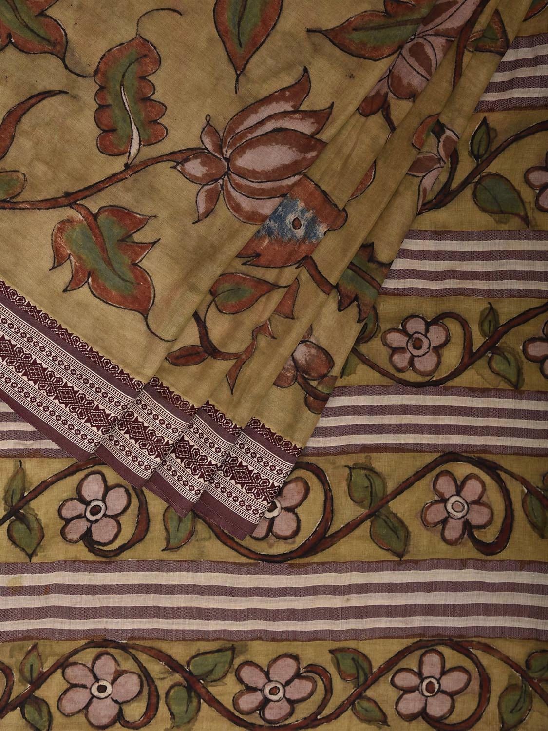 Light Yellow Kalamkari Hand Painted Cotton Saree with Floral and Peacocks Design KL0809