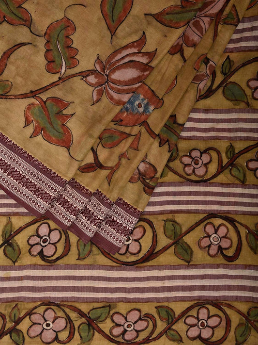 Light Yellow Kalamkari Hand Painted Cotton Saree with Floral and Peacocks Design KL0809