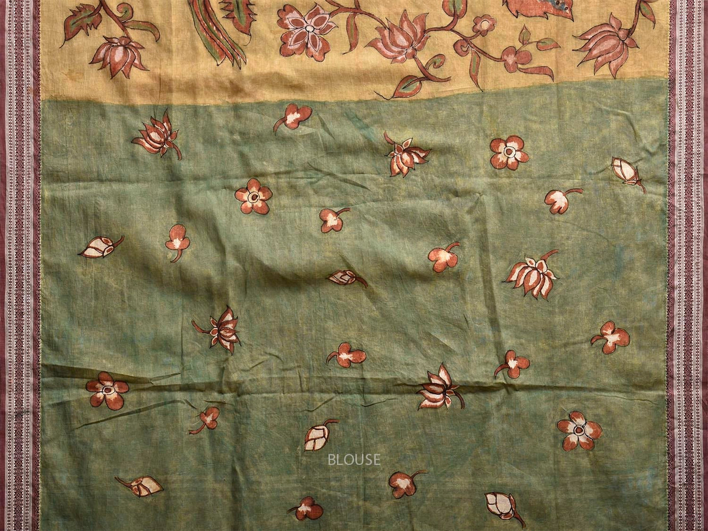 Light Yellow Kalamkari Hand Painted Cotton Saree with Floral and Peacocks Design KL0809