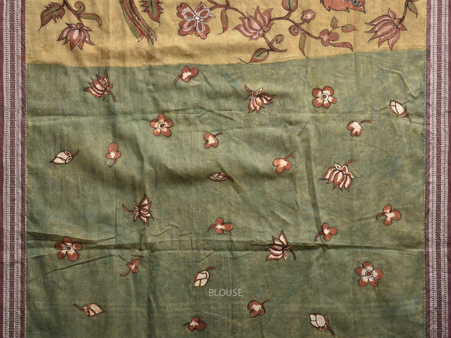 Light Yellow Kalamkari Hand Painted Cotton Saree with Floral and Peacocks Design KL0809