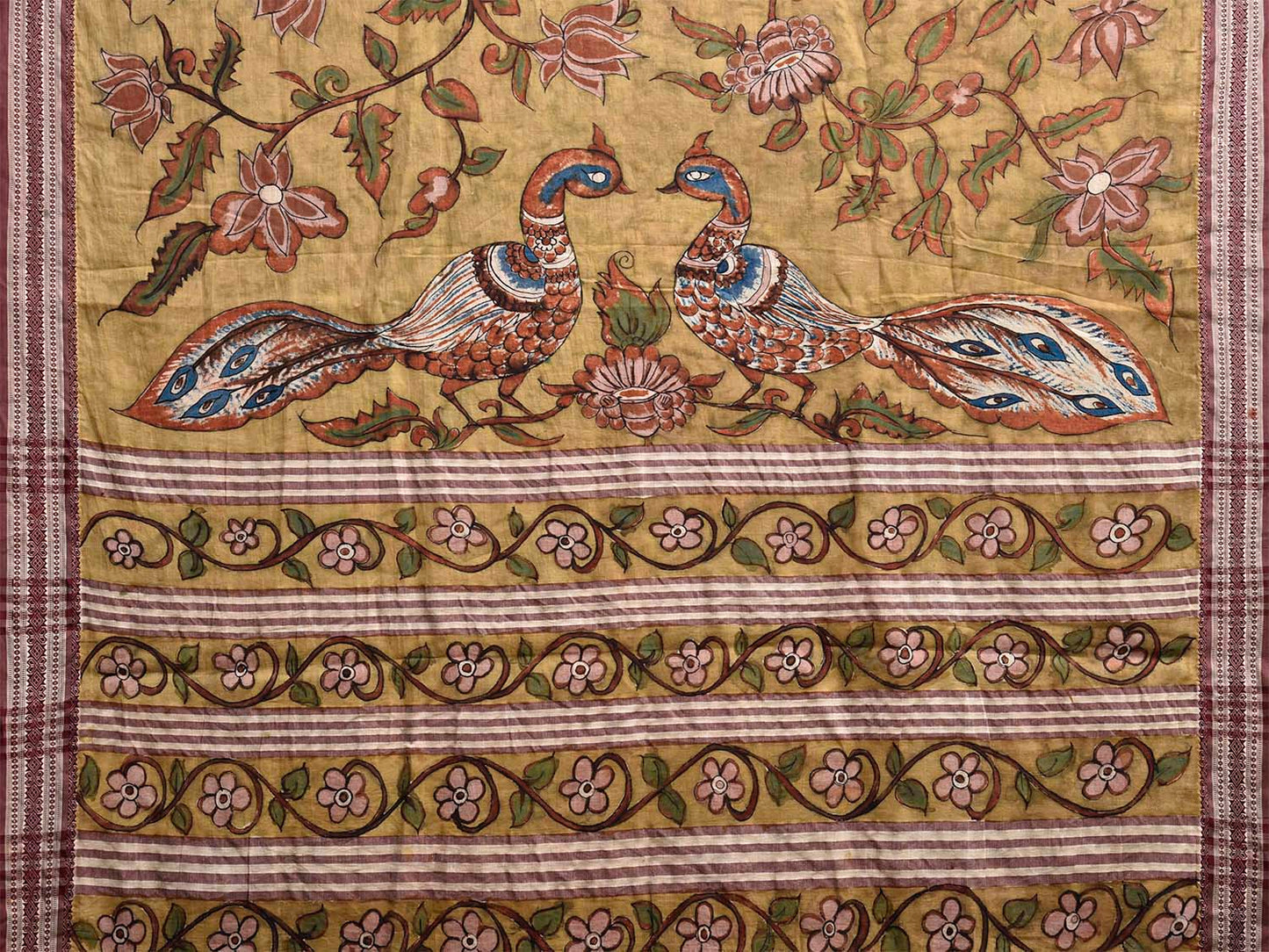 Light Yellow Kalamkari Hand Painted Cotton Saree with Floral and Peacocks Design KL0809