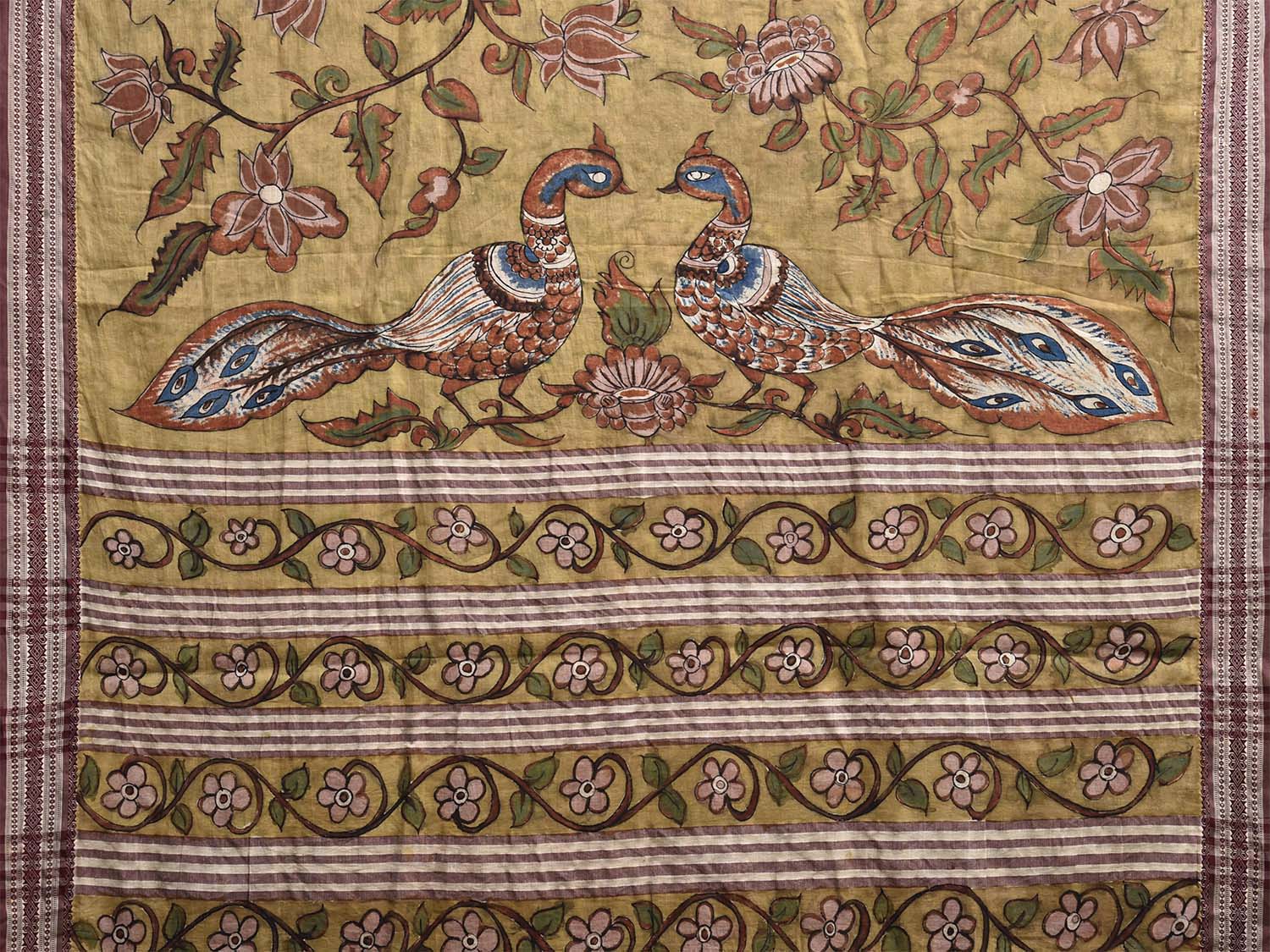 Light Yellow Kalamkari Hand Painted Cotton Saree with Floral and Peacocks Design KL0809
