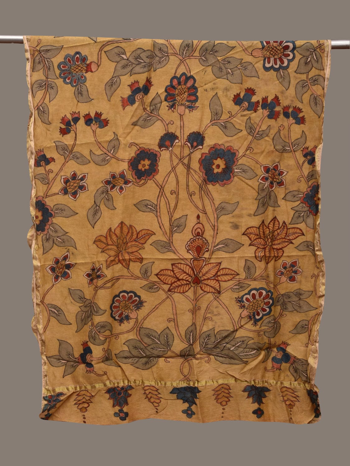 Light Yellow Kalamkari Hand Painted Cotton Silk Handloom Dupatta with Floral Design ds2974