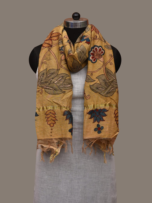 Light Yellow Kalamkari Hand Painted Cotton Silk Handloom Dupatta with Floral Design ds2974