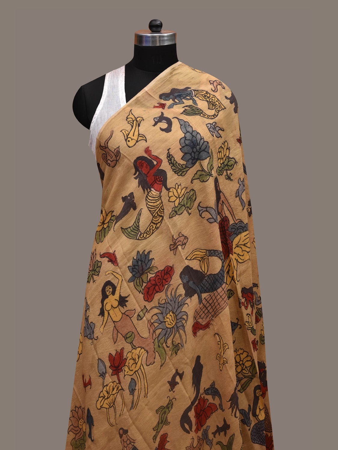 Light Yellow Kalamkari Hand Painted Cotton Silk Handloom Dupatta with Mermaids and Flowers Design ds2678