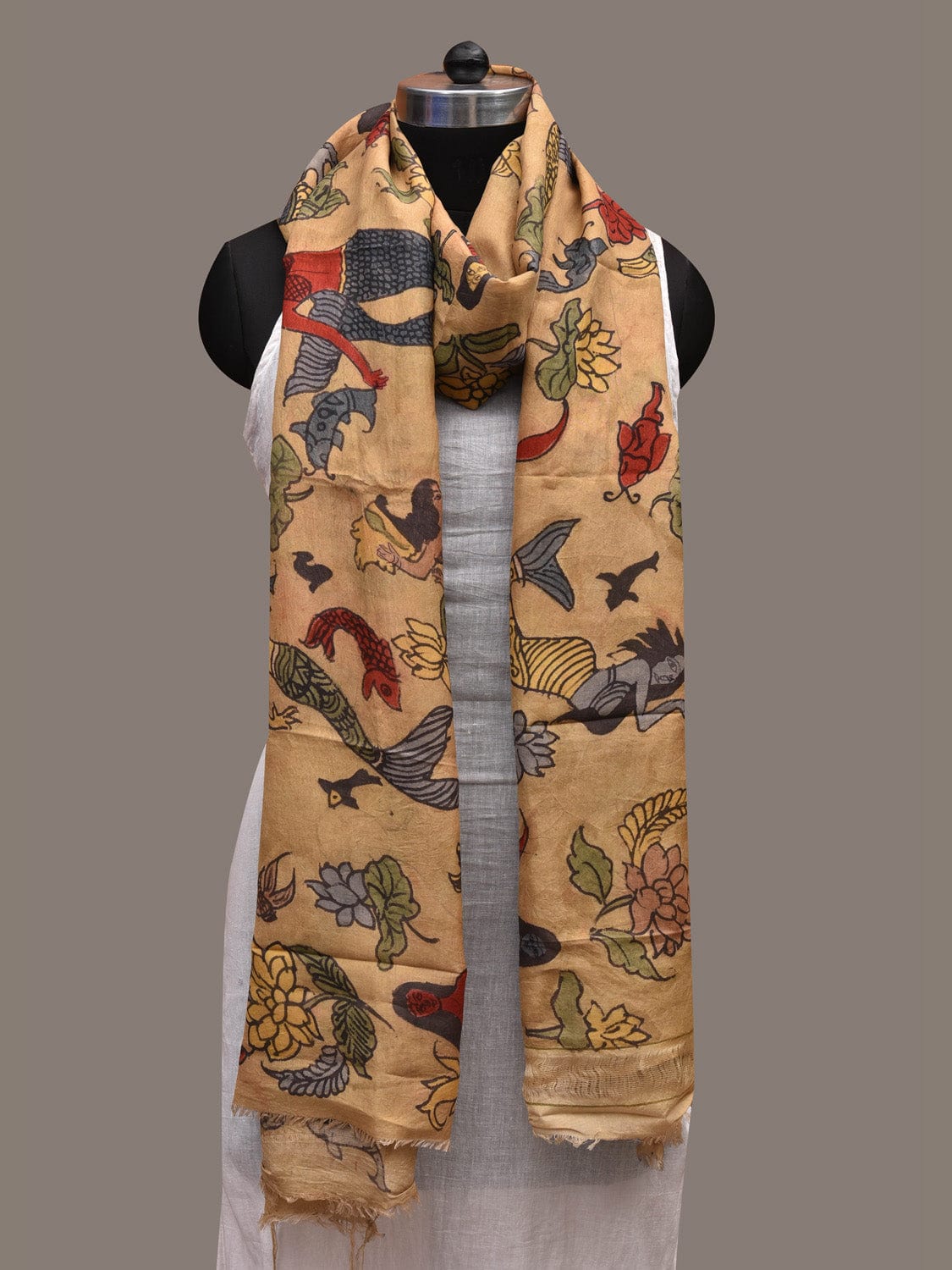 Light Yellow Kalamkari Hand Painted Cotton Silk Handloom Dupatta with Mermaids and Flowers Design ds2678