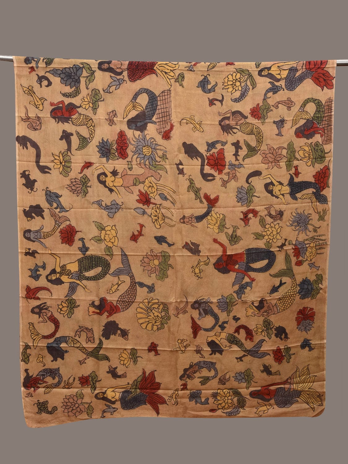 Light Yellow Kalamkari Hand Painted Cotton Silk Handloom Dupatta with Mermaids and Flowers Design ds2678