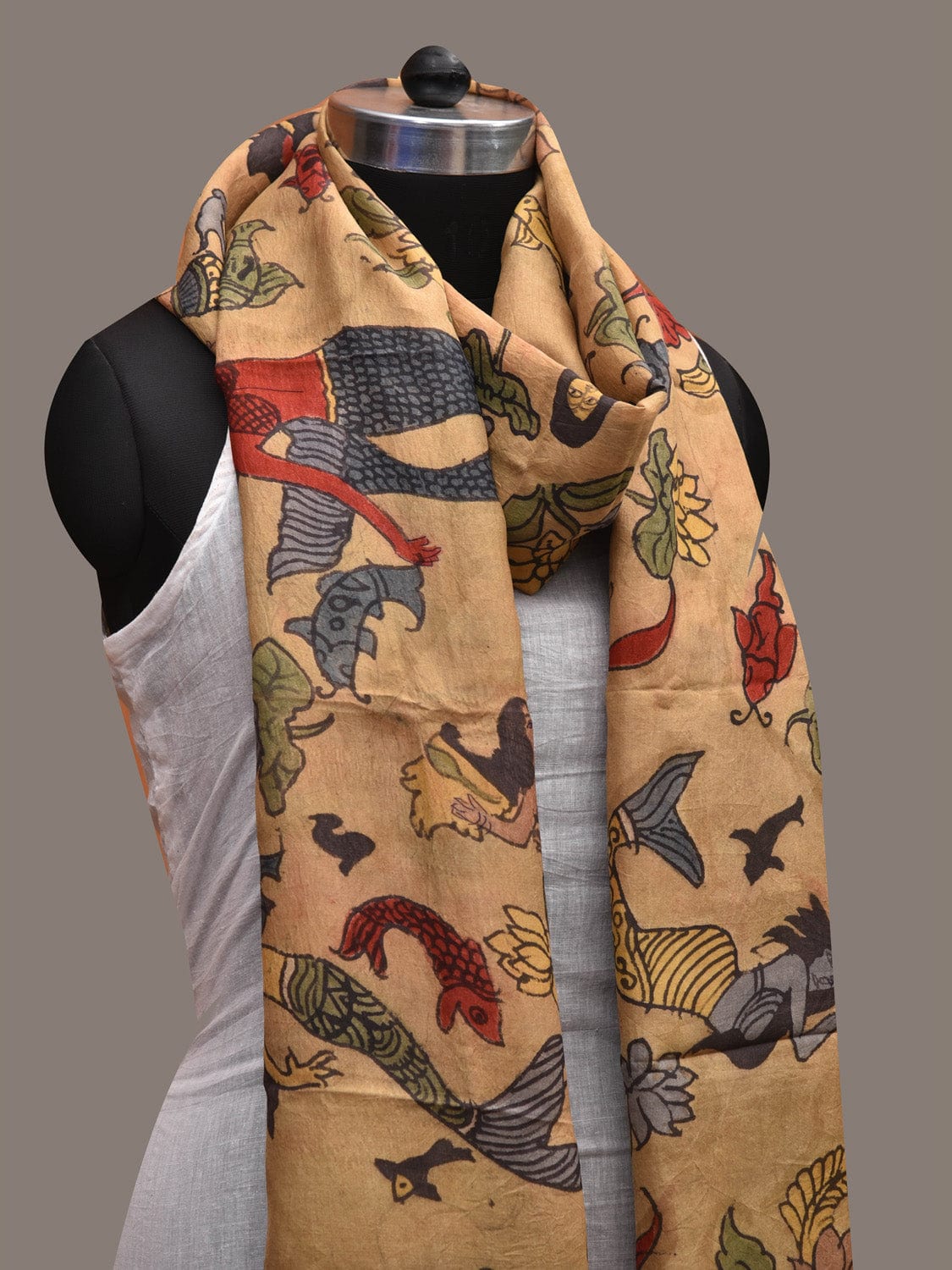 Light Yellow Kalamkari Hand Painted Cotton Silk Handloom Dupatta with Mermaids and Flowers Design ds2678