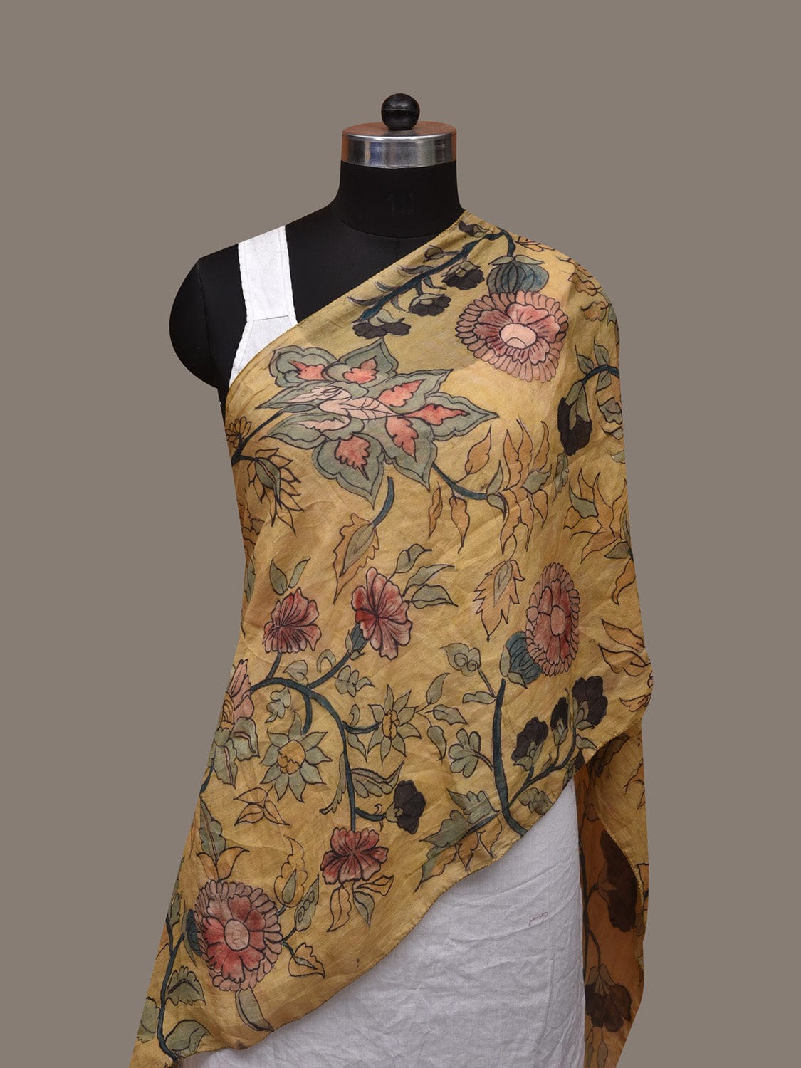 Light Yellow Kalamkari Hand Painted Cotton Silk Handloom Stole with Floral Design ds3056