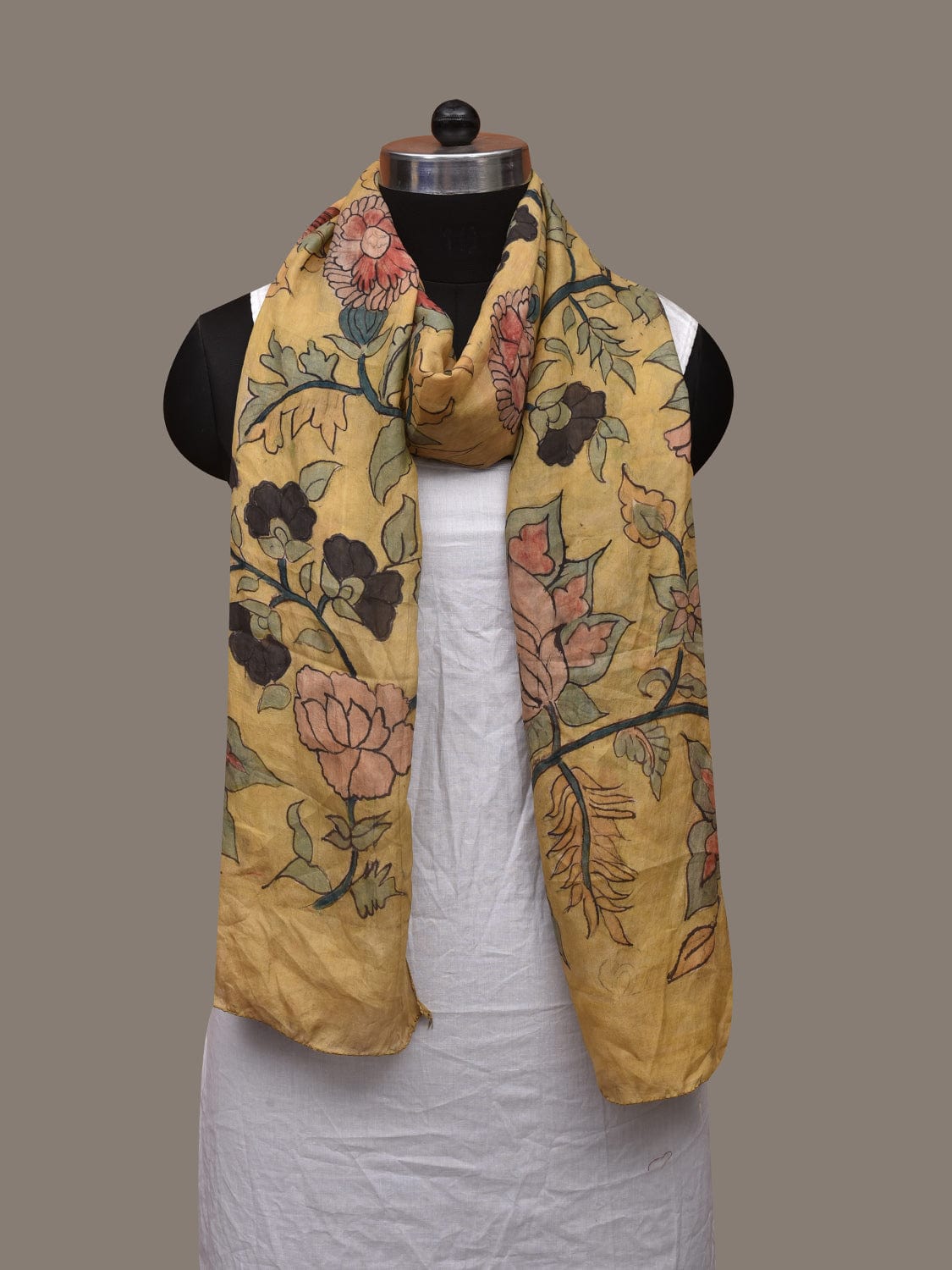 Light Yellow Kalamkari Hand Painted Cotton Silk Handloom Stole with Floral Design ds3056