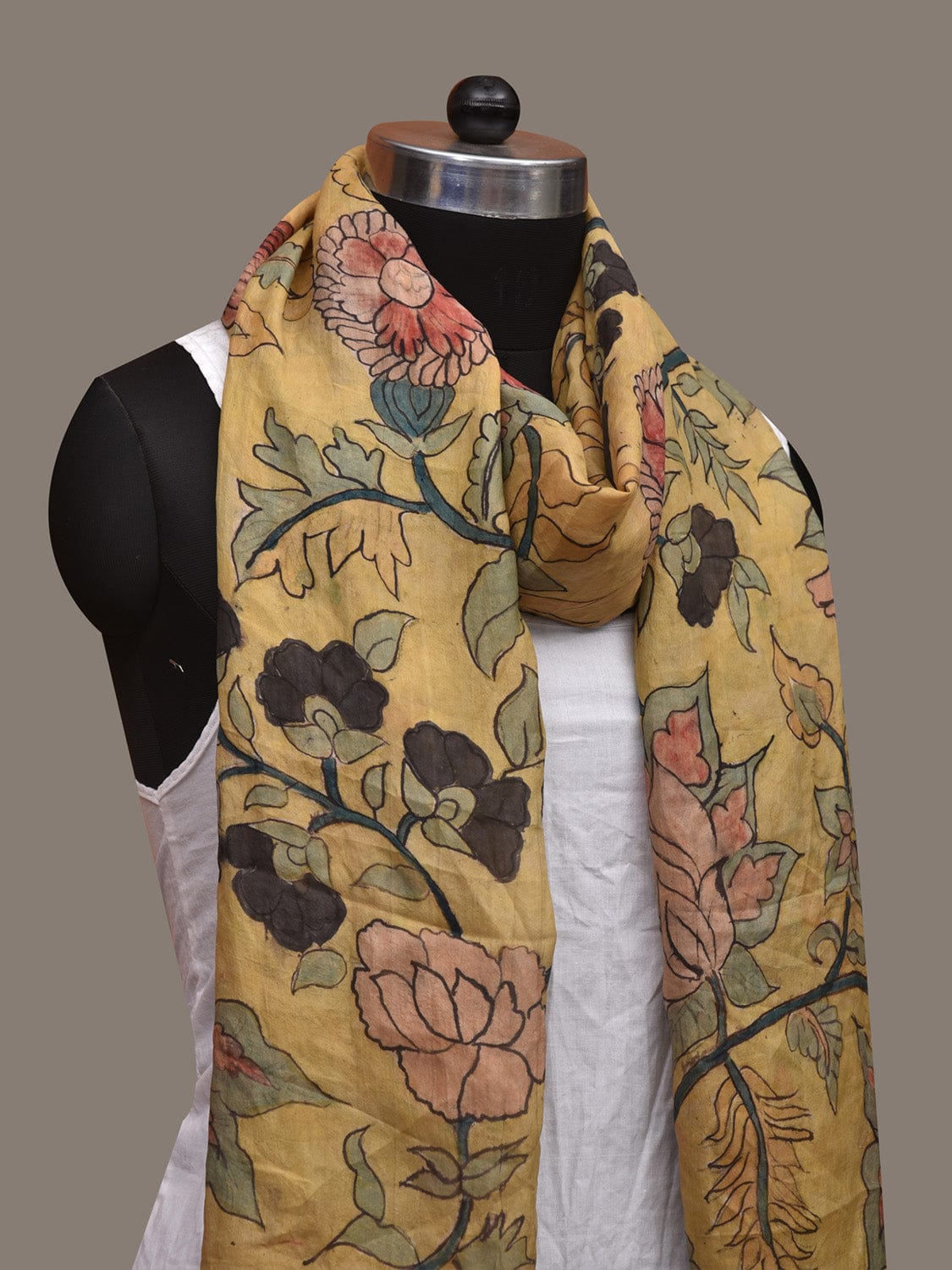 Light Yellow Kalamkari Hand Painted Cotton Silk Handloom Stole with Floral Design ds3056