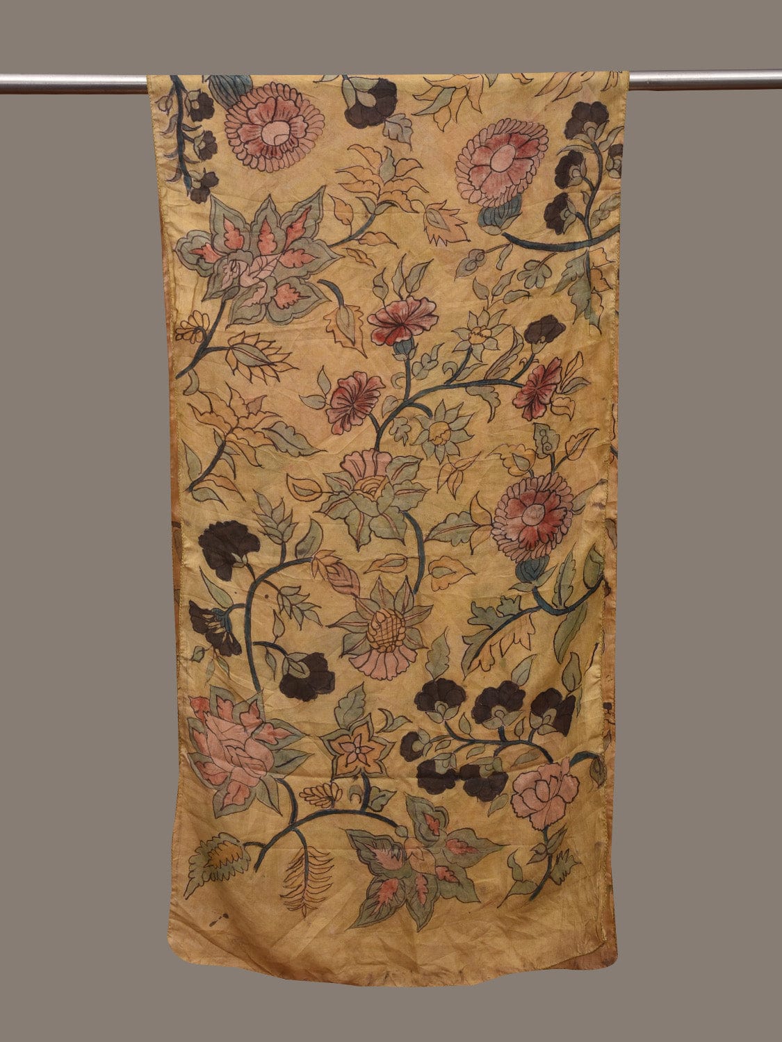 Light Yellow Kalamkari Hand Painted Cotton Silk Handloom Stole with Floral Design ds3056