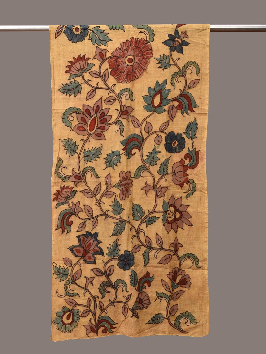 Light Yellow Kalamkari Hand Painted Cotton Stole with Floral Design ds3556