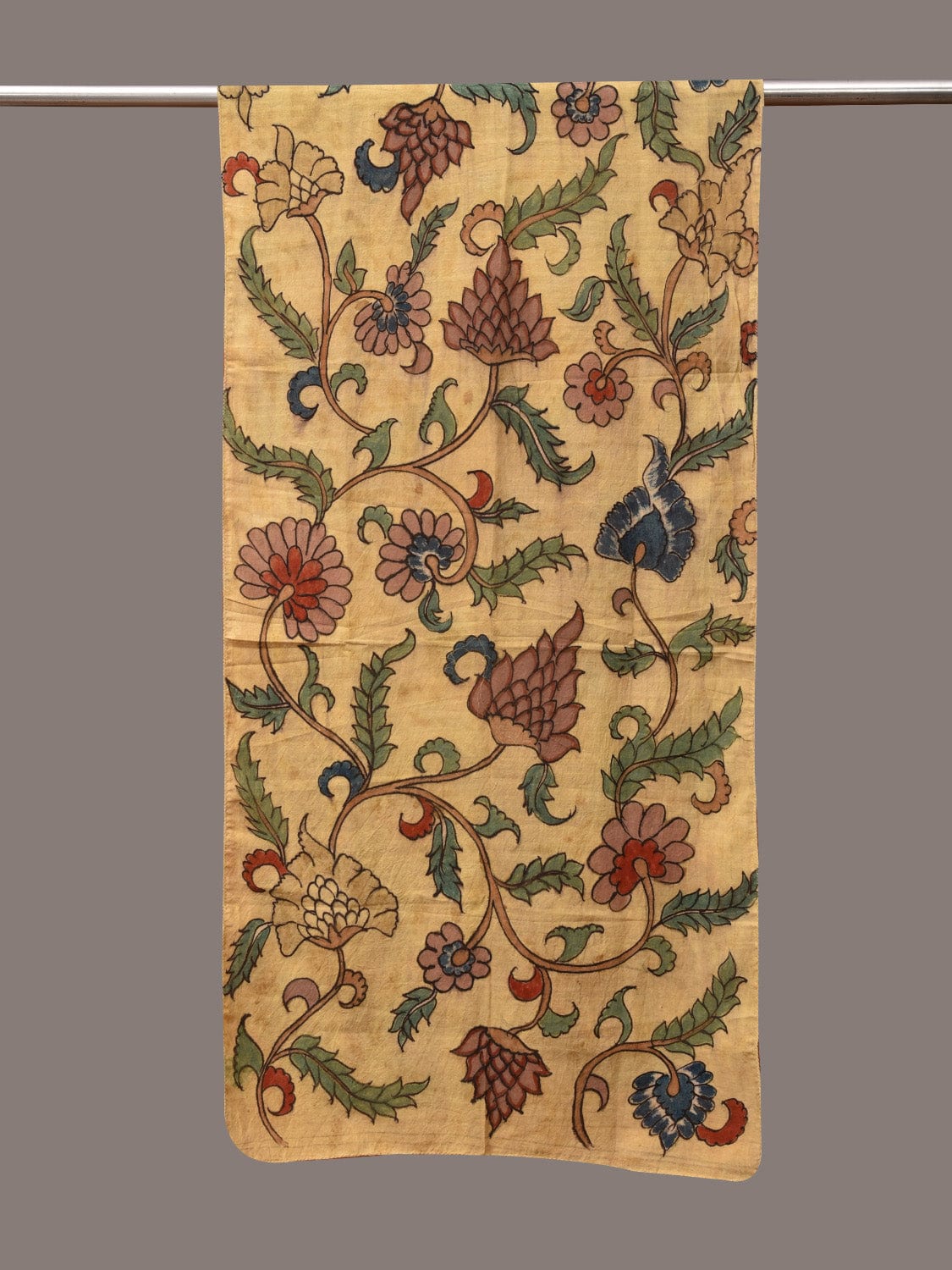 Light Yellow Kalamkari Hand Painted Cotton Stole with Floral Design ds3558