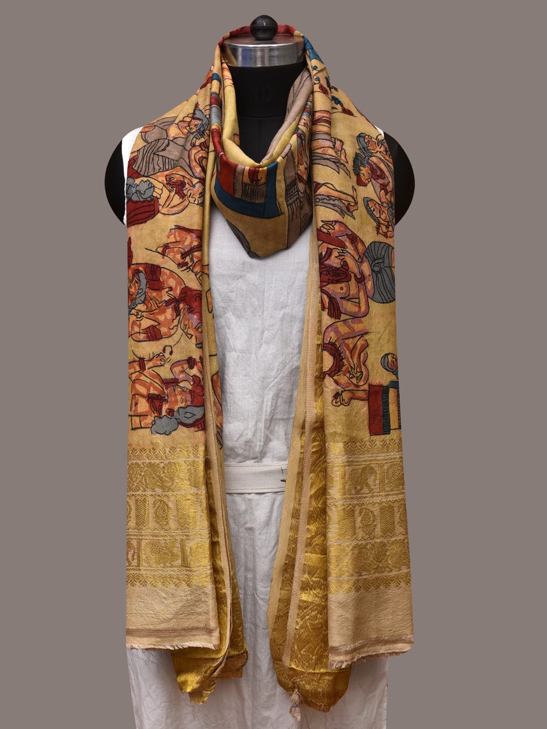 Light Yellow Kalamkari Hand Painted Kanchipuram Silk Handloom Dupatta with Ajanta Design ds3554