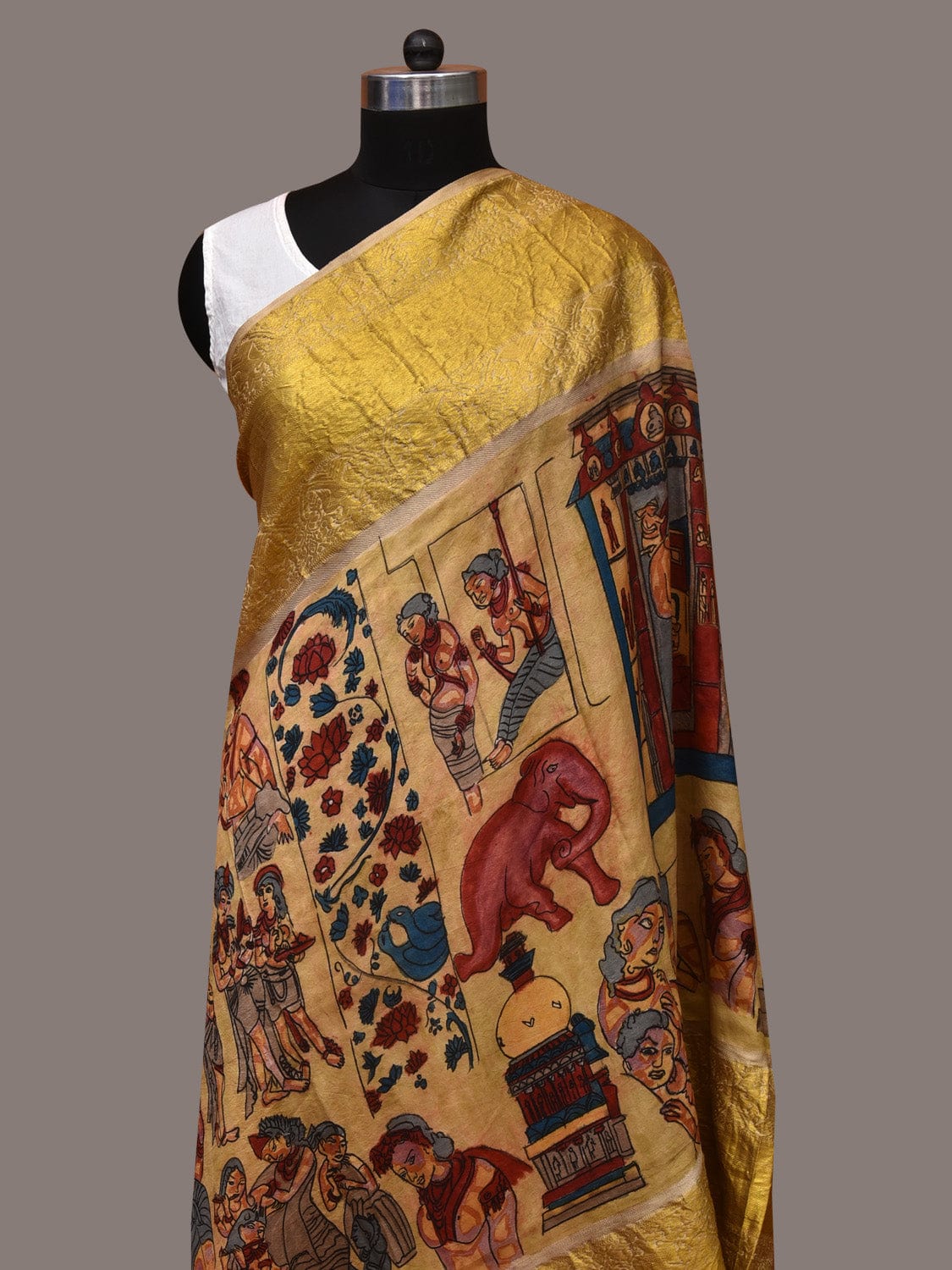Light Yellow Kalamkari Hand Painted Kanchipuram Silk Handloom Dupatta with Ajanta Design ds3554
