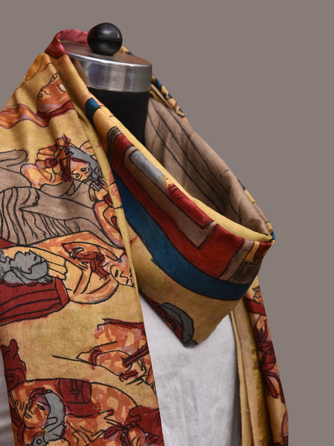 Light Yellow Kalamkari Hand Painted Kanchipuram Silk Handloom Dupatta with Ajanta Design ds3554