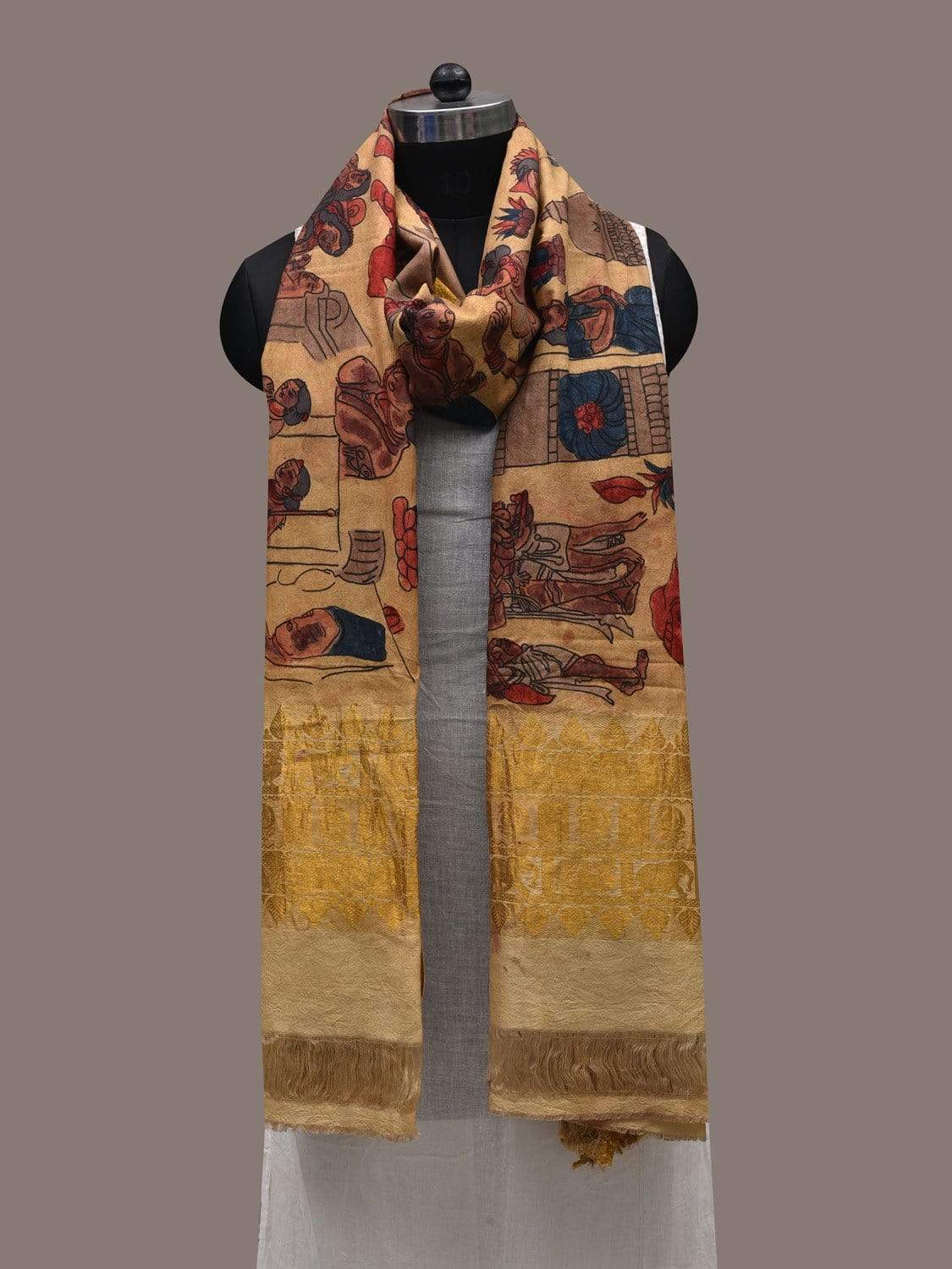 Light Yellow Kalamkari Hand Painted Kanchipuram Silk Handloom Dupatta with Ajanta Painting Design ds2493