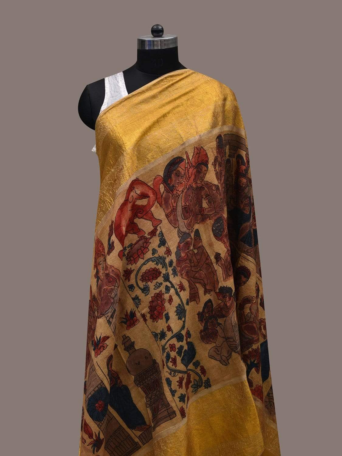 Light Yellow Kalamkari Hand Painted Kanchipuram Silk Handloom Dupatta with Ajanta Painting Design ds2493