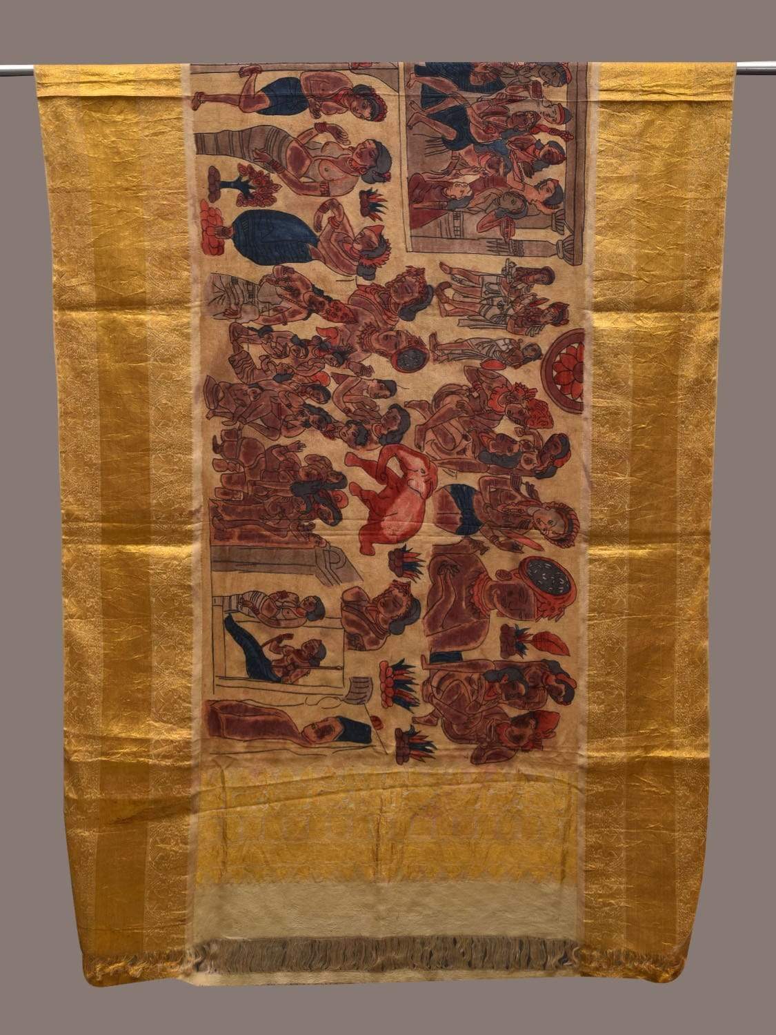 Light Yellow Kalamkari Hand Painted Kanchipuram Silk Handloom Dupatta with Ajanta Painting Design ds2493