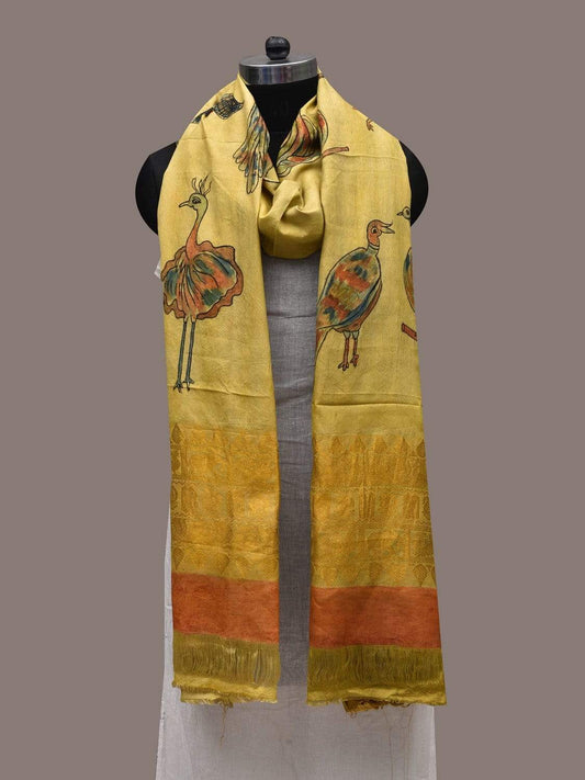 Light Yellow Kalamkari Hand Painted Kanchipuram Silk Handloom Dupatta with Birds Design ds2491
