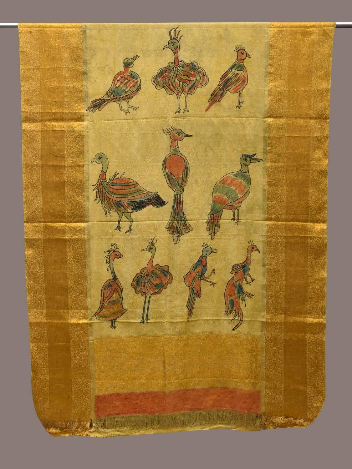 Light Yellow Kalamkari Hand Painted Kanchipuram Silk Handloom Dupatta with Birds Design ds2491