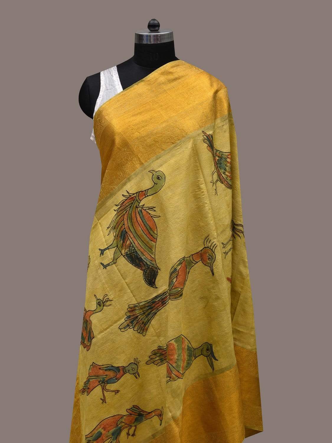 Light Yellow Kalamkari Hand Painted Kanchipuram Silk Handloom Dupatta with Birds Design ds2491