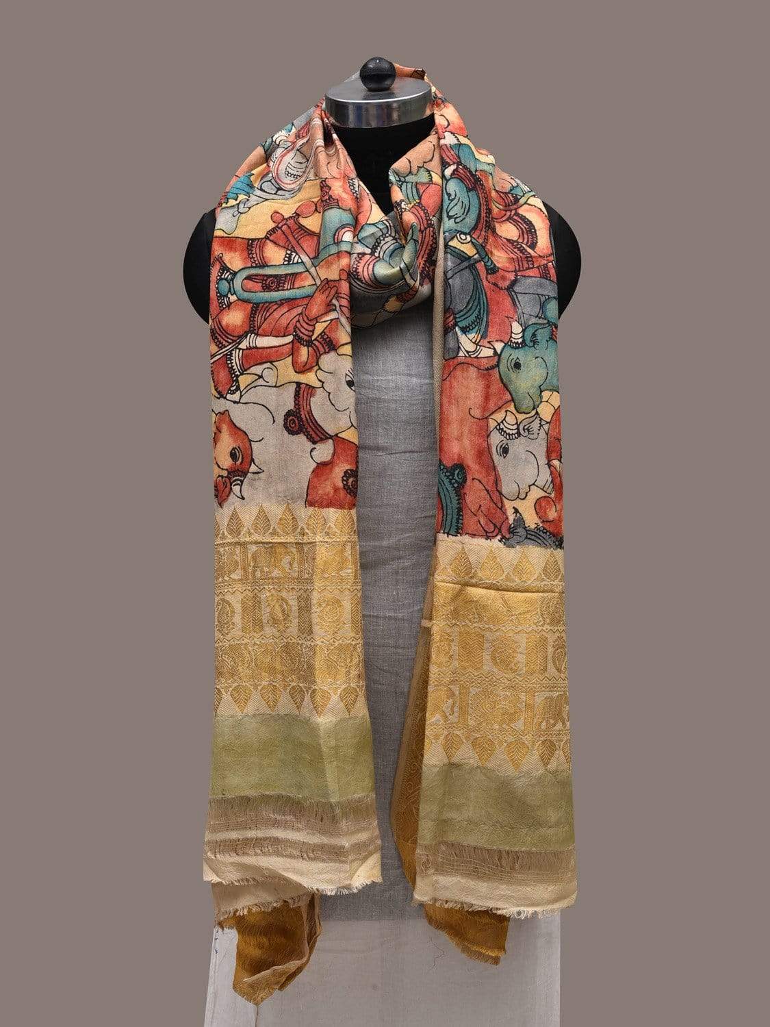 Light Yellow Kalamkari Hand Painted Kanchipuram Silk Handloom Dupatta with Krishna and Cows Design ds2489