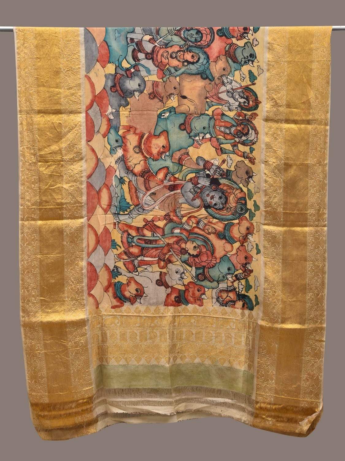 Light Yellow Kalamkari Hand Painted Kanchipuram Silk Handloom Dupatta with Krishna and Cows Design ds2489