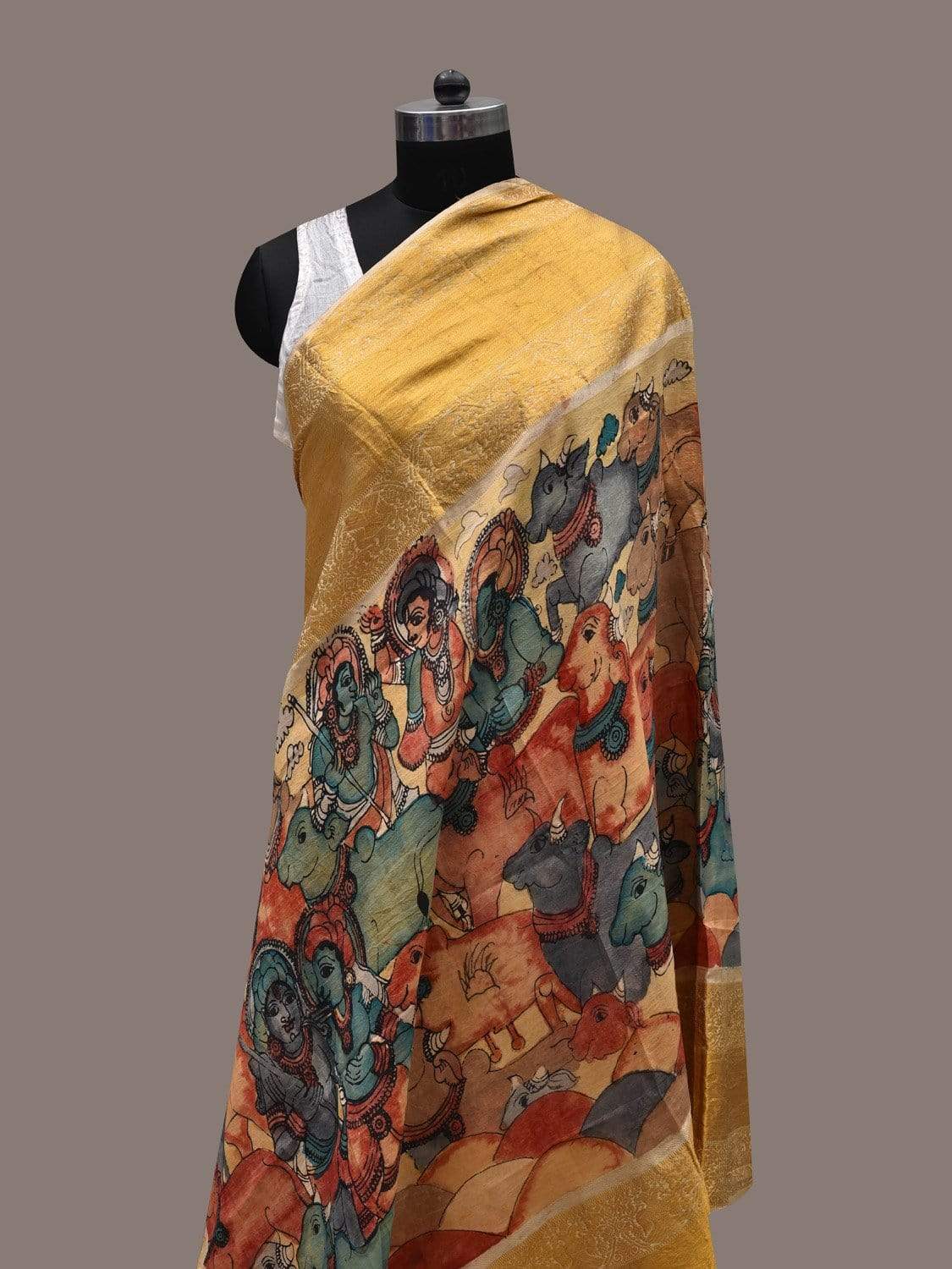 Light Yellow Kalamkari Hand Painted Kanchipuram Silk Handloom Dupatta with Krishna and Cows Design ds2489