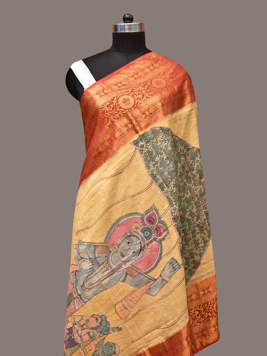 Light Yellow Kalamkari Hand Painted Kanchipuram Silk Handloom Dupatta with Krishna Design ds3381