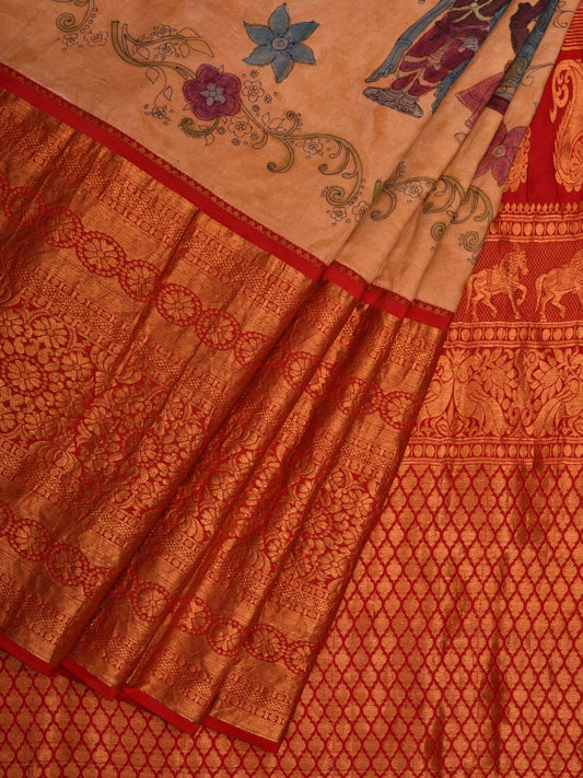 Light Yellow Kalamkari Hand Painted Kanchipuram Silk Handloom Saree with Dashavatar Design KL0564