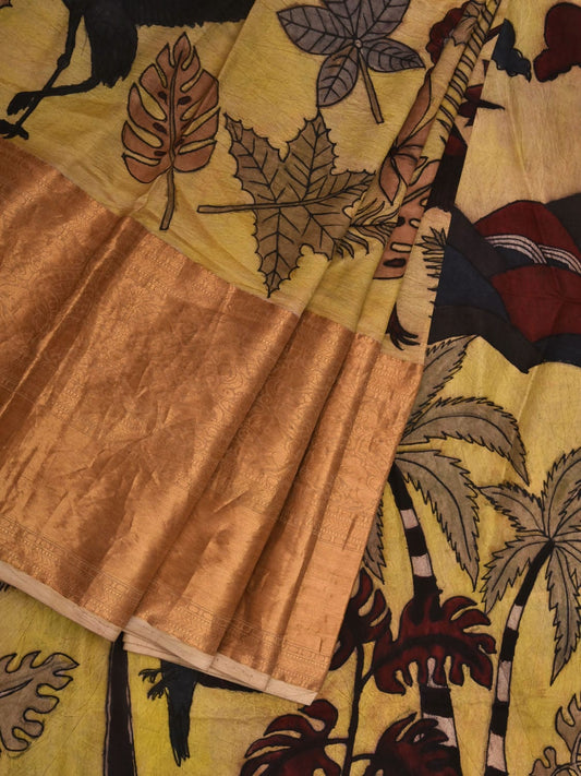Light Yellow Kalamkari Hand Painted Kanchipuram Silk Handloom Saree with Floral and Birds Design KL0651