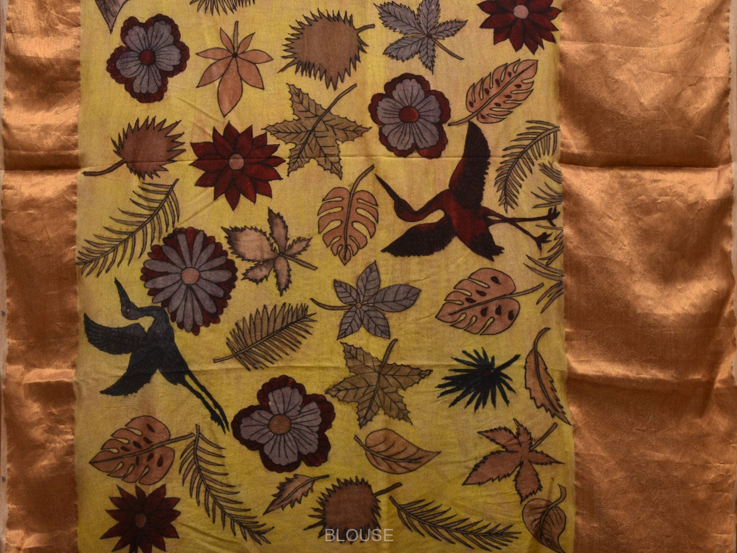 Light Yellow Kalamkari Hand Painted Kanchipuram Silk Handloom Saree with Floral and Birds Design KL0651