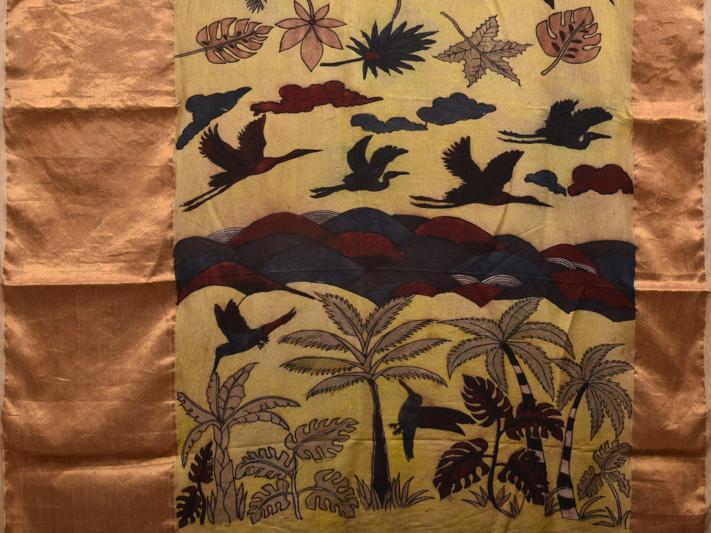 Light Yellow Kalamkari Hand Painted Kanchipuram Silk Handloom Saree with Floral and Birds Design KL0651