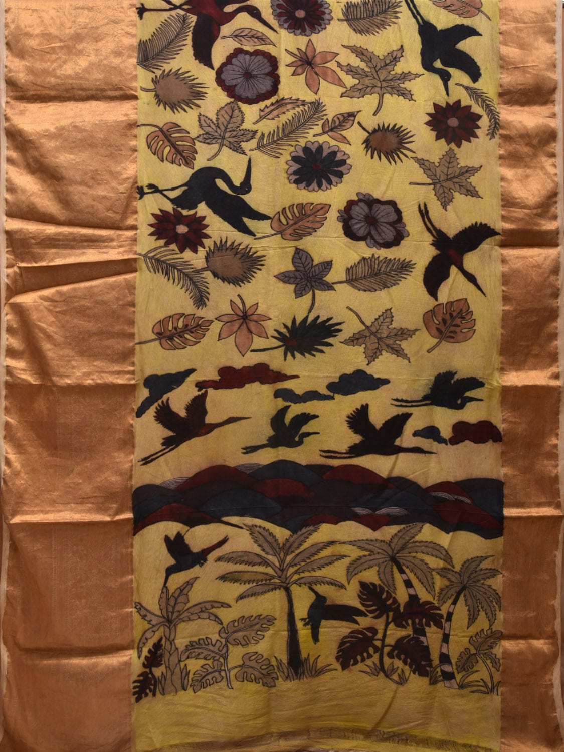 Light Yellow Kalamkari Hand Painted Kanchipuram Silk Handloom Saree with Floral and Birds Design KL0651