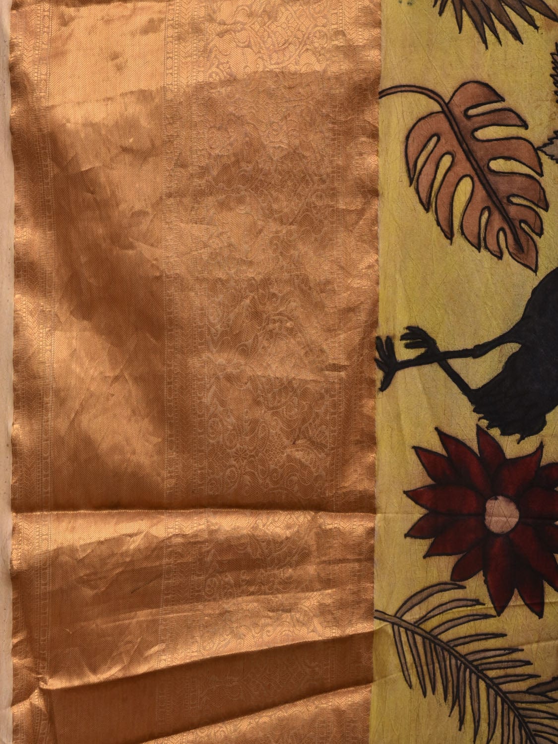 Light Yellow Kalamkari Hand Painted Kanchipuram Silk Handloom Saree with Floral and Birds Design KL0651