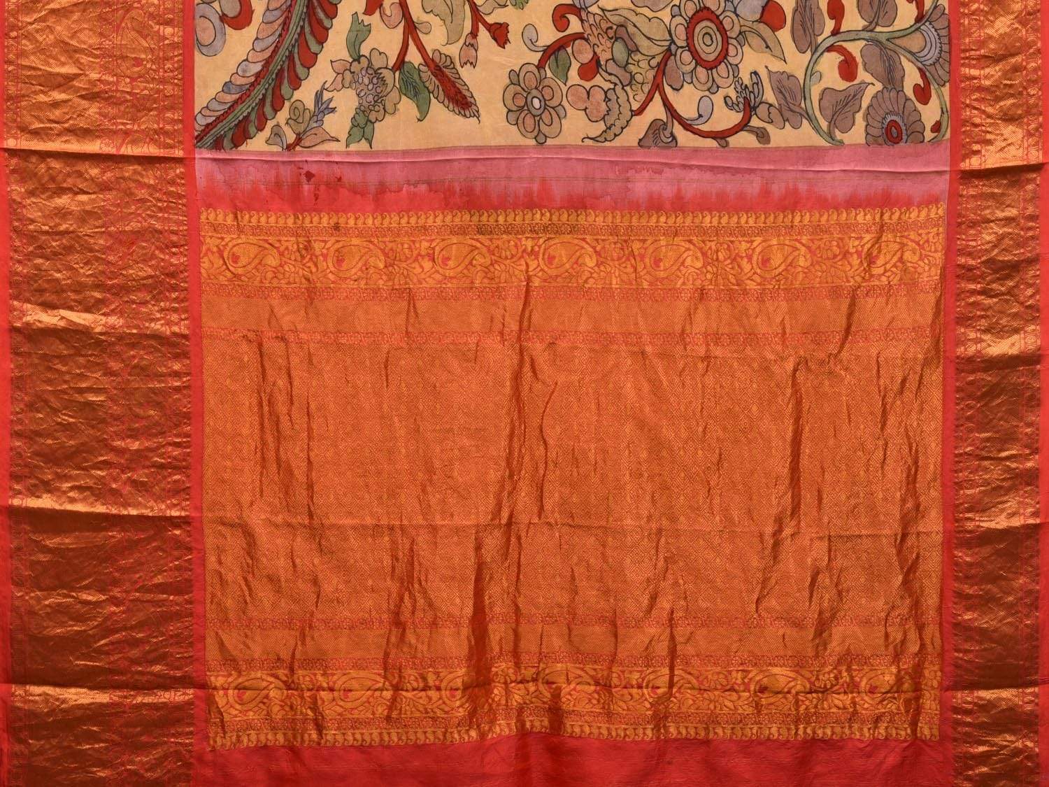 Light Yellow Kalamkari Hand Painted Kanchipuram Silk Handloom Saree with Floral and Peacocks Design KL0573