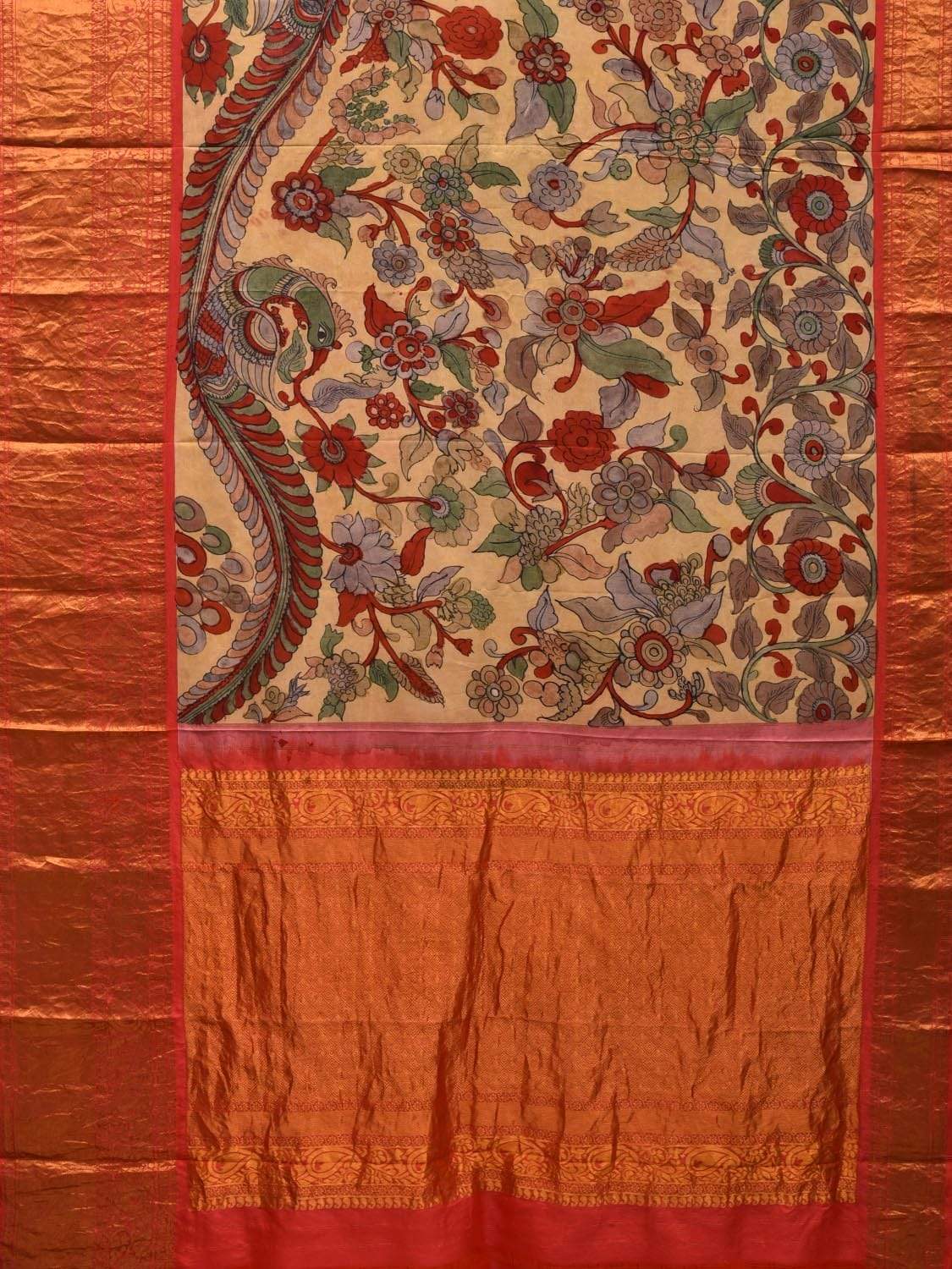 Light Yellow Kalamkari Hand Painted Kanchipuram Silk Handloom Saree with Floral and Peacocks Design KL0573